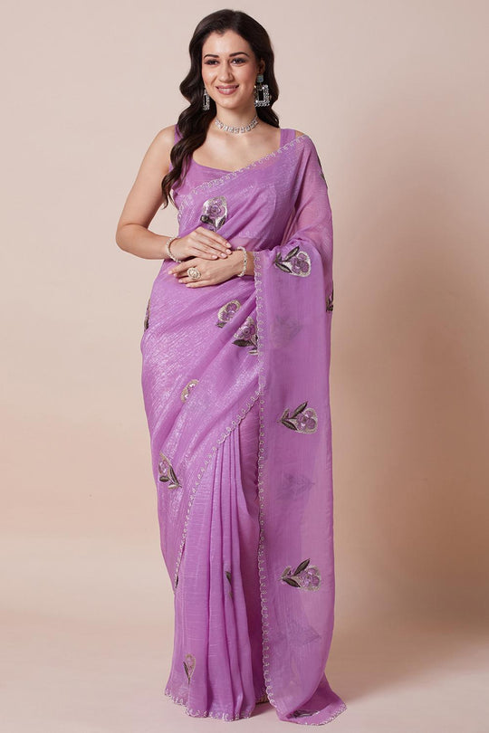 Ash Lavender Georgette Floral Embellished Ready to Wear Saree