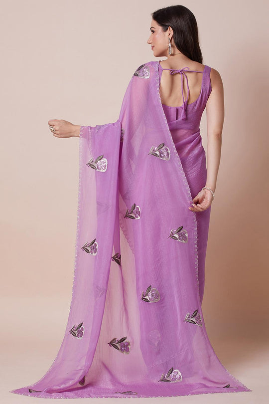 Ash Lavender Georgette Floral Embellished Ready to Wear Saree