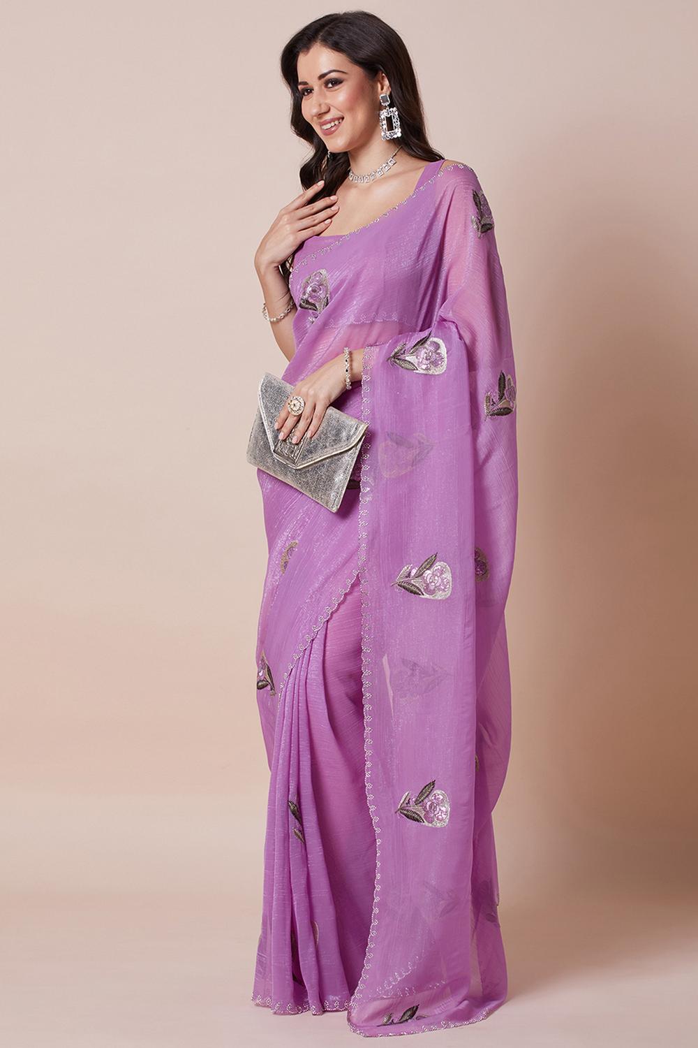 Ash Lavender Georgette Floral Embellished Ready to Wear Saree