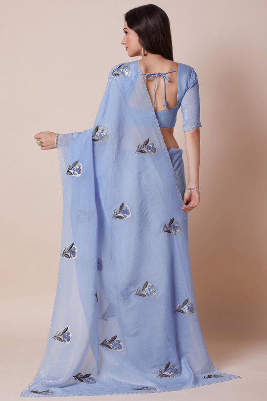 Ash Blue Georgette Floral Embellished Ready to Wear Saree