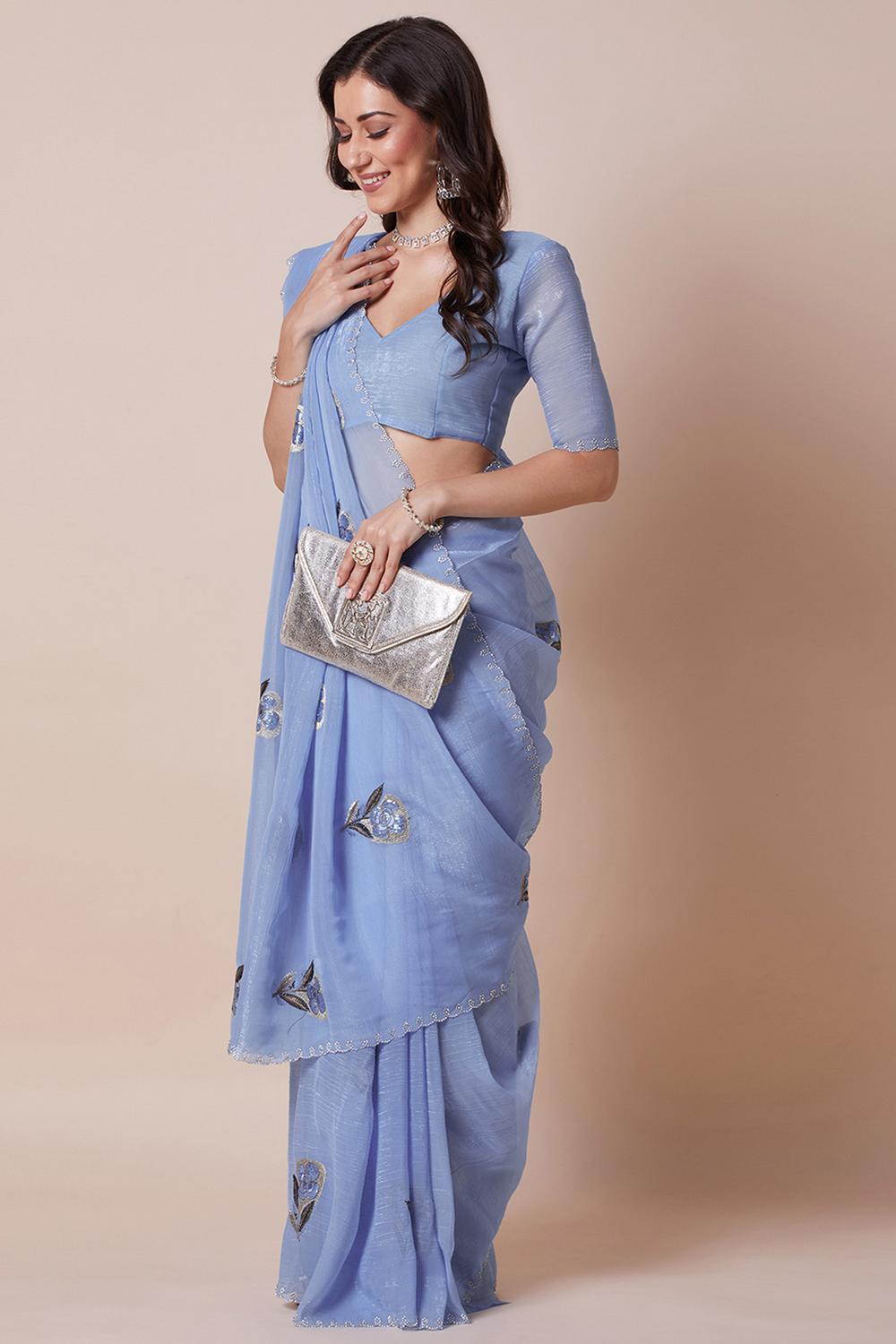 Ash Blue Georgette Floral Embellished Ready to Wear Saree