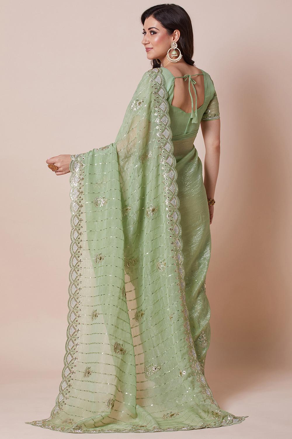 Jini Light Green Georgette Gold Zari Border Embellished Ready to Wear Saree