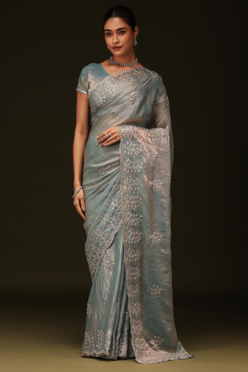 Rina Pastel Blue Chiffon Embellished Border Ready to Wear Saree