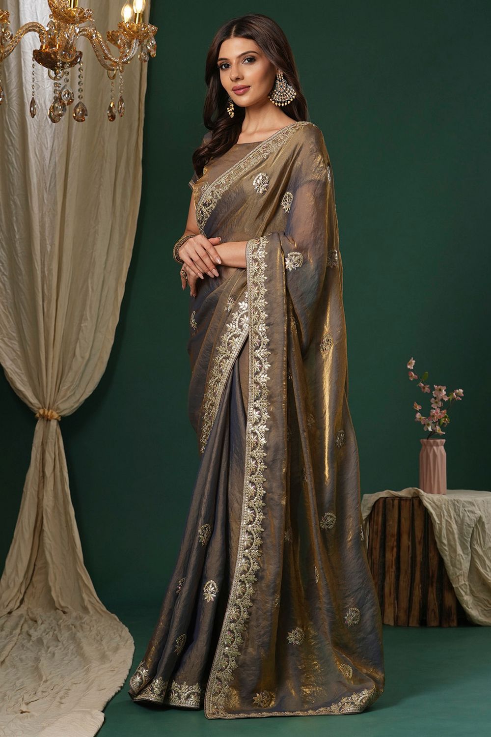Riyana Bronze  Satin Silk Saree With Embroidered Border Ready To Wear One Minute Saree