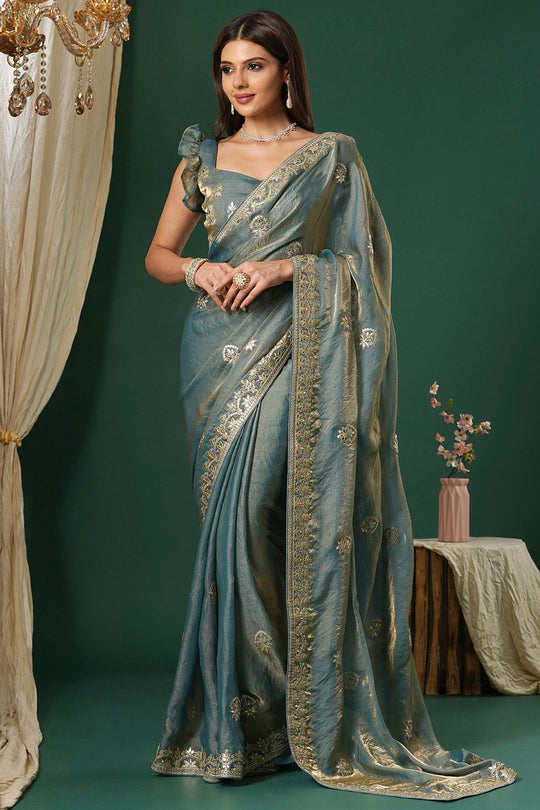 Riyana Teal Blue  Satin Silk Saree With Embroidered Border Ready To Wear One Minute Saree