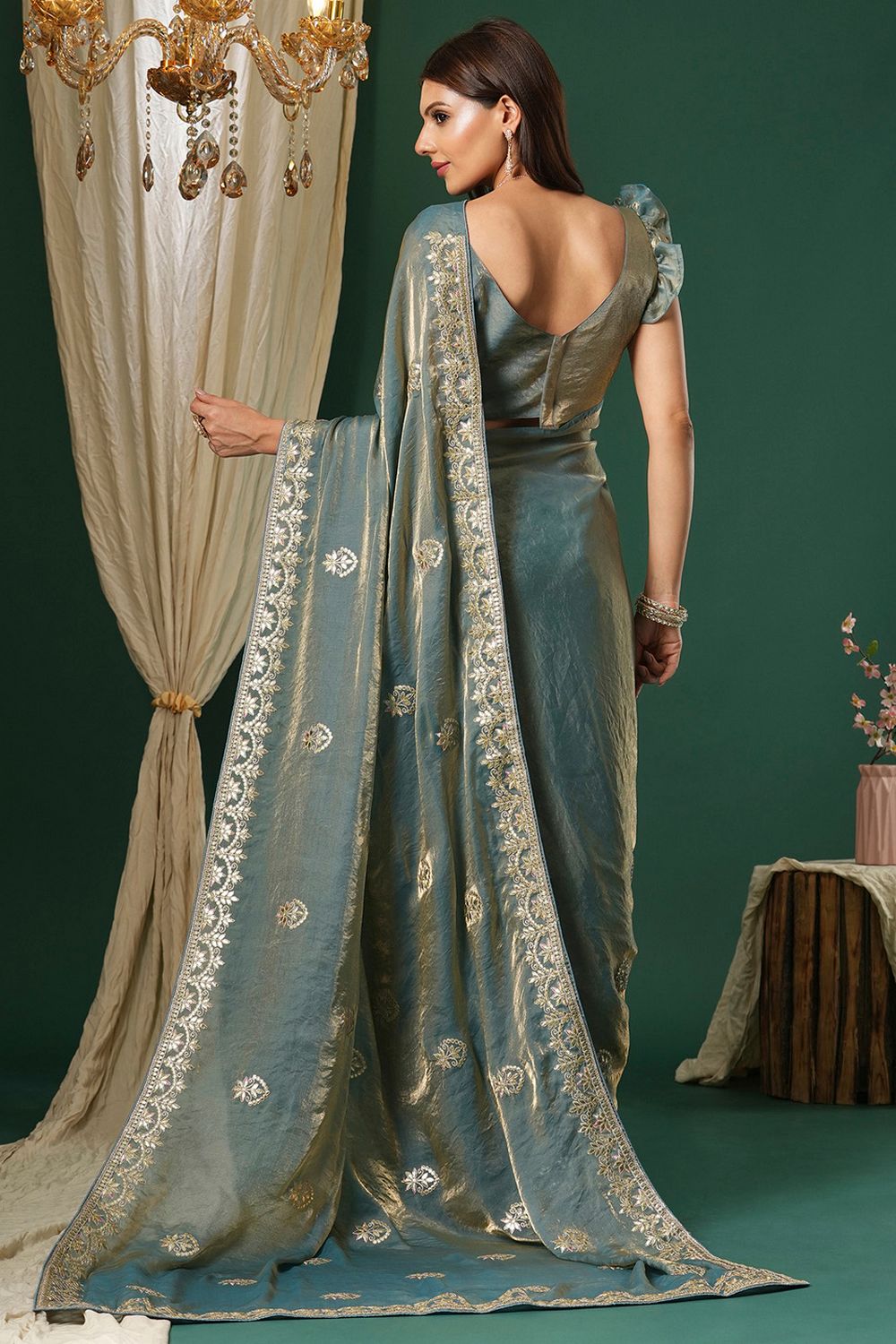 Riyana Teal Blue  Satin Silk Saree With Embroidered Border Ready To Wear One Minute Saree