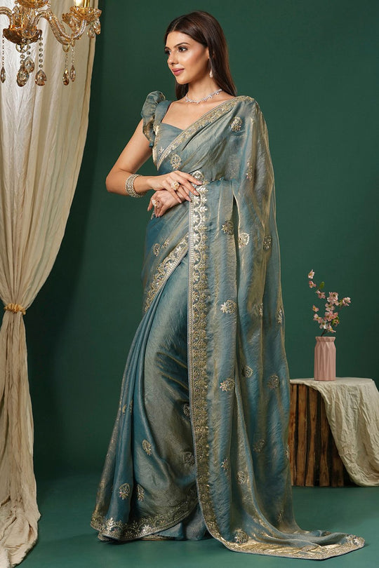 Riyana Teal Blue  Satin Silk Saree With Embroidered Border Ready To Wear One Minute Saree