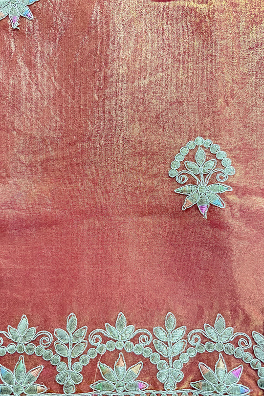 Riyana Peach Satin Silk Saree With Embroidered Border Ready To Wear One Minute Saree