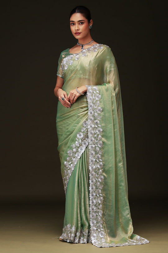 Piya Light Green Chiffon Saree with Embellished Border Ready To Wear One Minute Saree