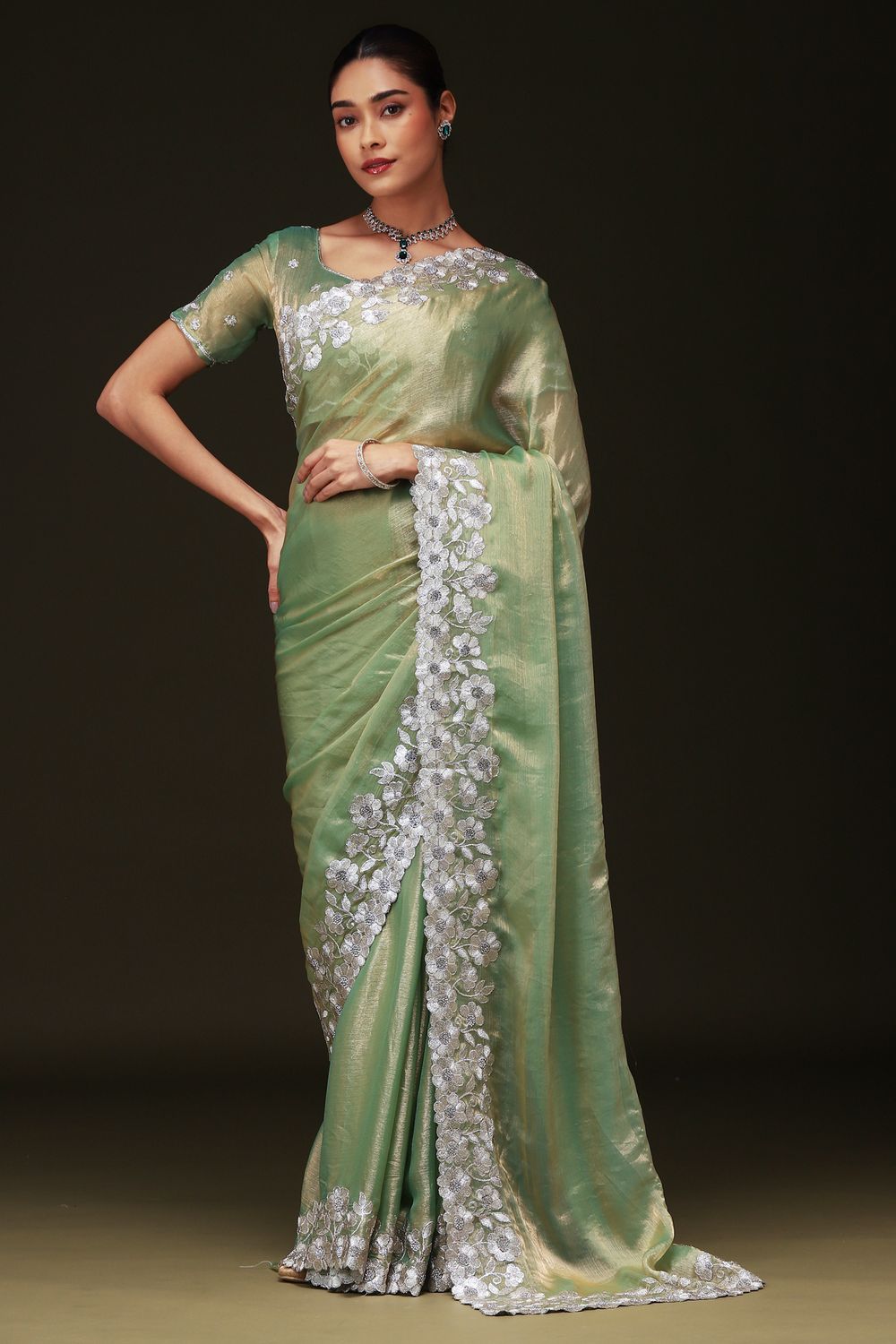 Piya Light Green Chiffon Saree with Embellished Border Ready To Wear One Minute Saree
