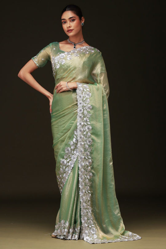 Piya Light Green Chiffon Saree with Embellished Border Ready To Wear One Minute Saree