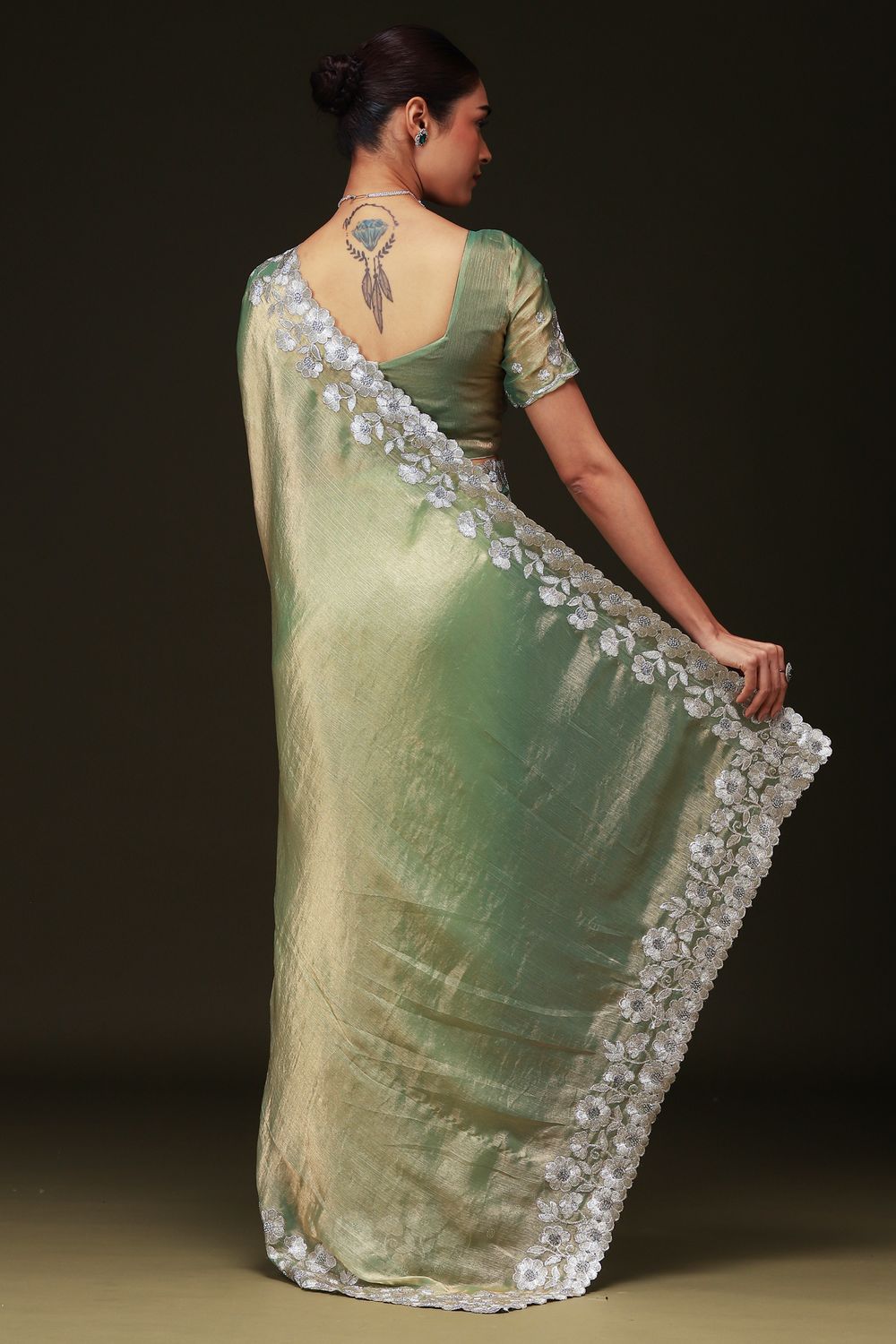 Piya Light Green Chiffon Saree with Embellished Border Ready To Wear One Minute Saree