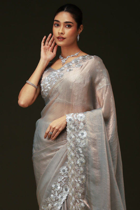 Piya Silver Chiffon Saree with Embellished Border Ready To Wear One Minute Saree