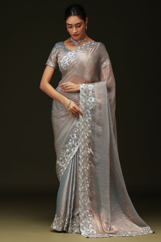 Piya Silver Chiffon Saree with Embellished Border Ready To Wear One Minute Saree