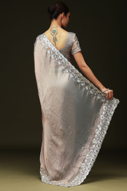 Piya Silver Chiffon Saree with Embellished Border Ready To Wear One Minute Saree