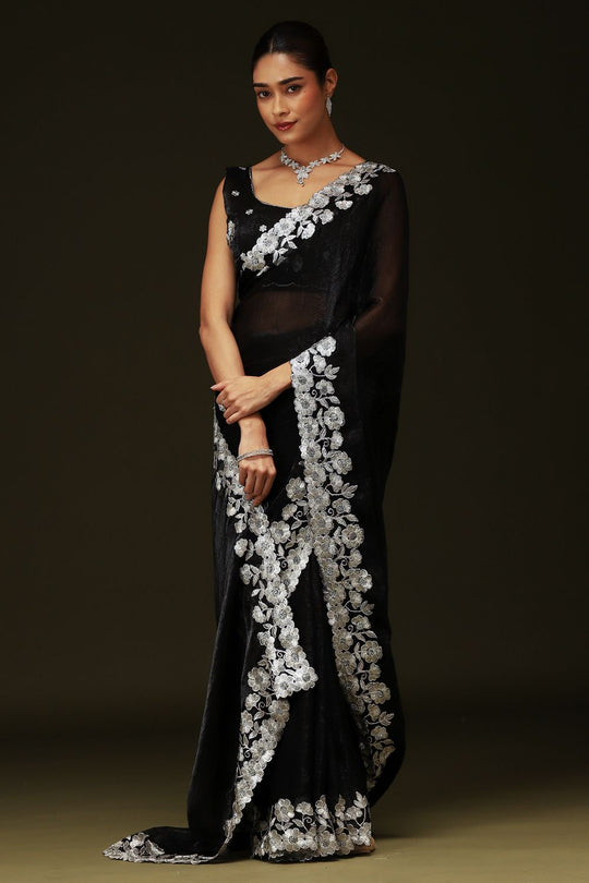 Piya Black Chiffon Saree with Embellished Border Ready To Wear One Minute Saree