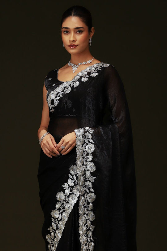 Piya Black Chiffon Saree with Embellished Border Ready To Wear One Minute Saree