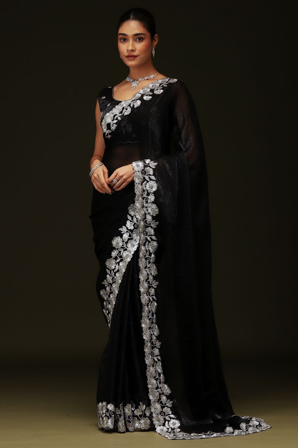 Piya Black Chiffon Saree with Embellished Border Ready To Wear One Minute Saree
