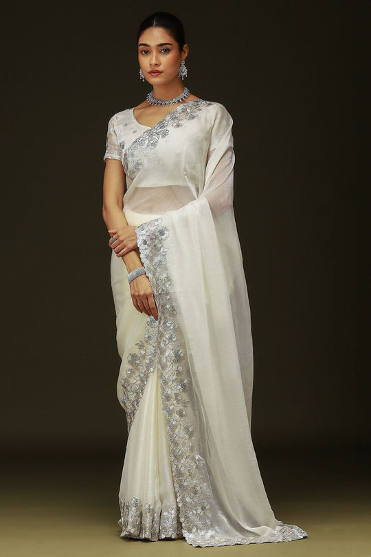 Piya Off White Chiffon Saree with Embellished Border Ready To Wear One Minute Saree