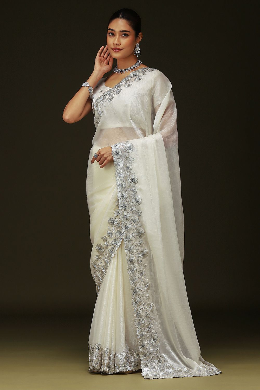 Piya Off White Chiffon Saree with Embellished Border Ready To Wear One Minute Saree