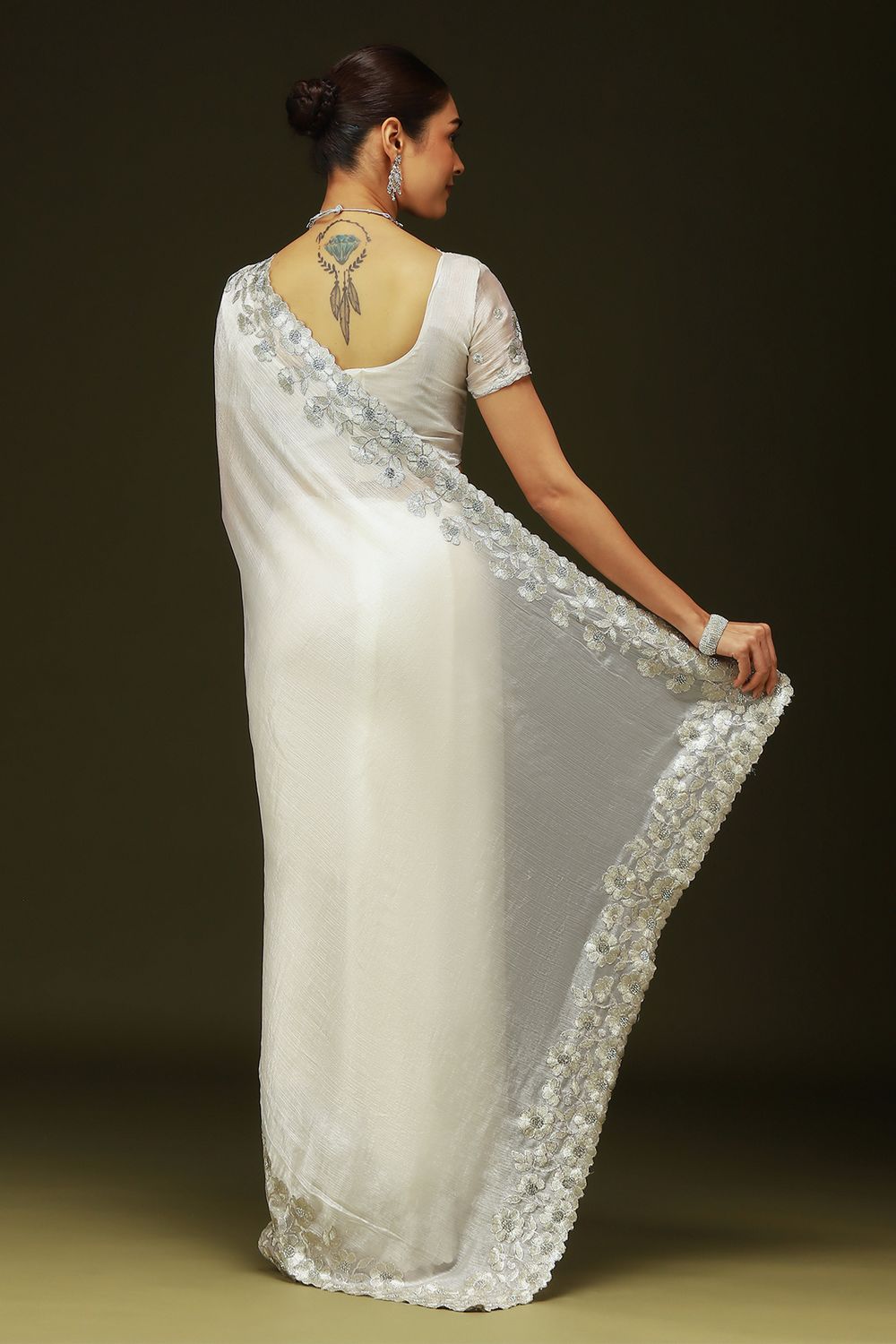 Piya Off White Chiffon Saree with Embellished Border Ready To Wear One Minute Saree