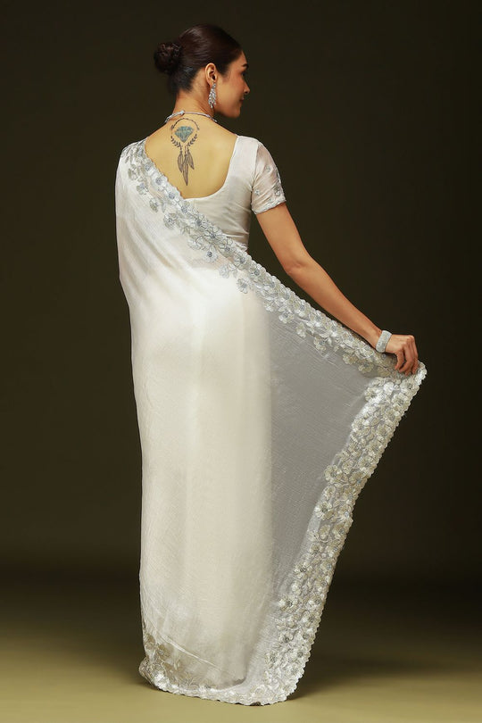 Piya Off White Chiffon Saree with Embellished Border Ready To Wear One Minute Saree