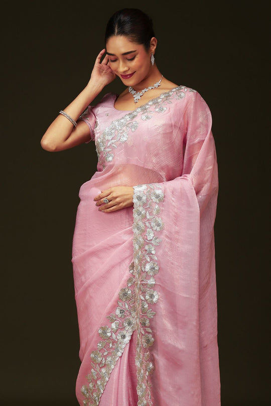 Piya Pink Chiffon Saree with Embellished Border Ready To Wear One Minute Saree