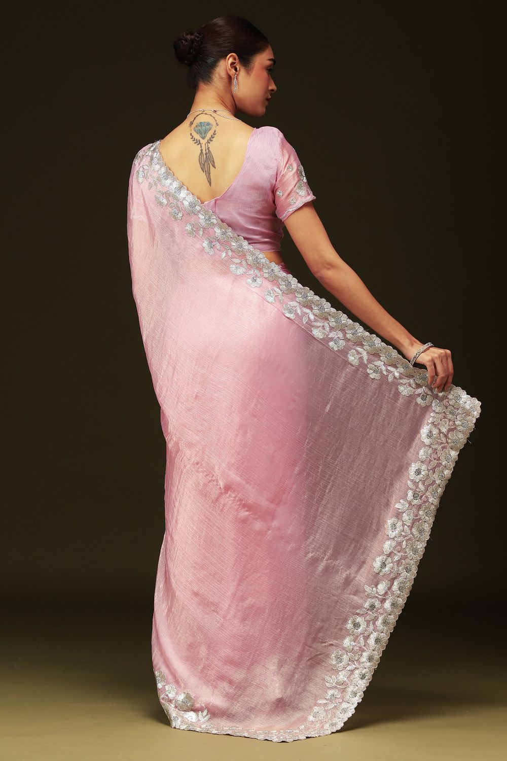Piya Pink Chiffon Saree with Embellished Border Ready To Wear One Minute Saree