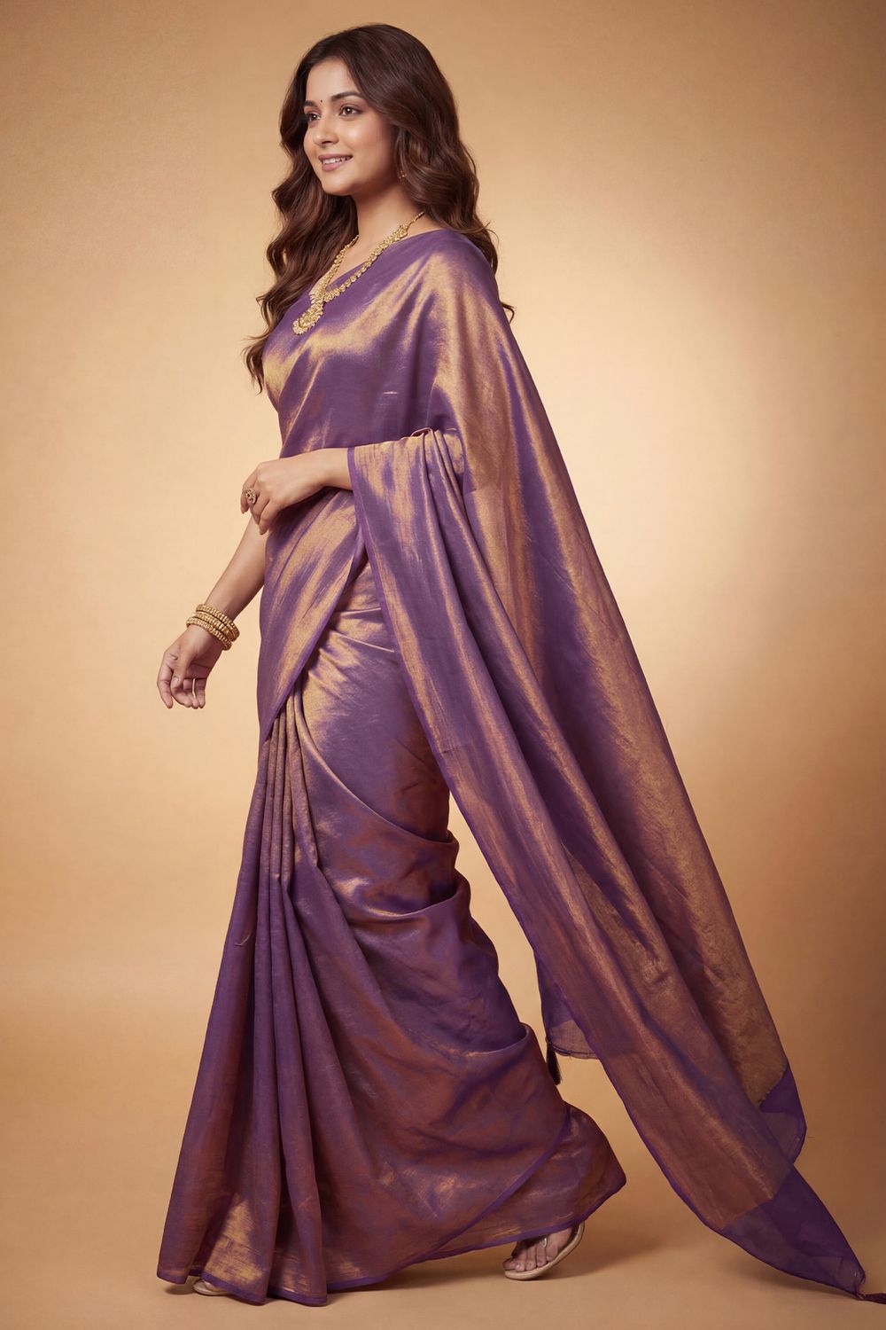 Nala Purple &amp; Gold Two-Tone Vichitra Silk Solid  Ready to Wear Saree