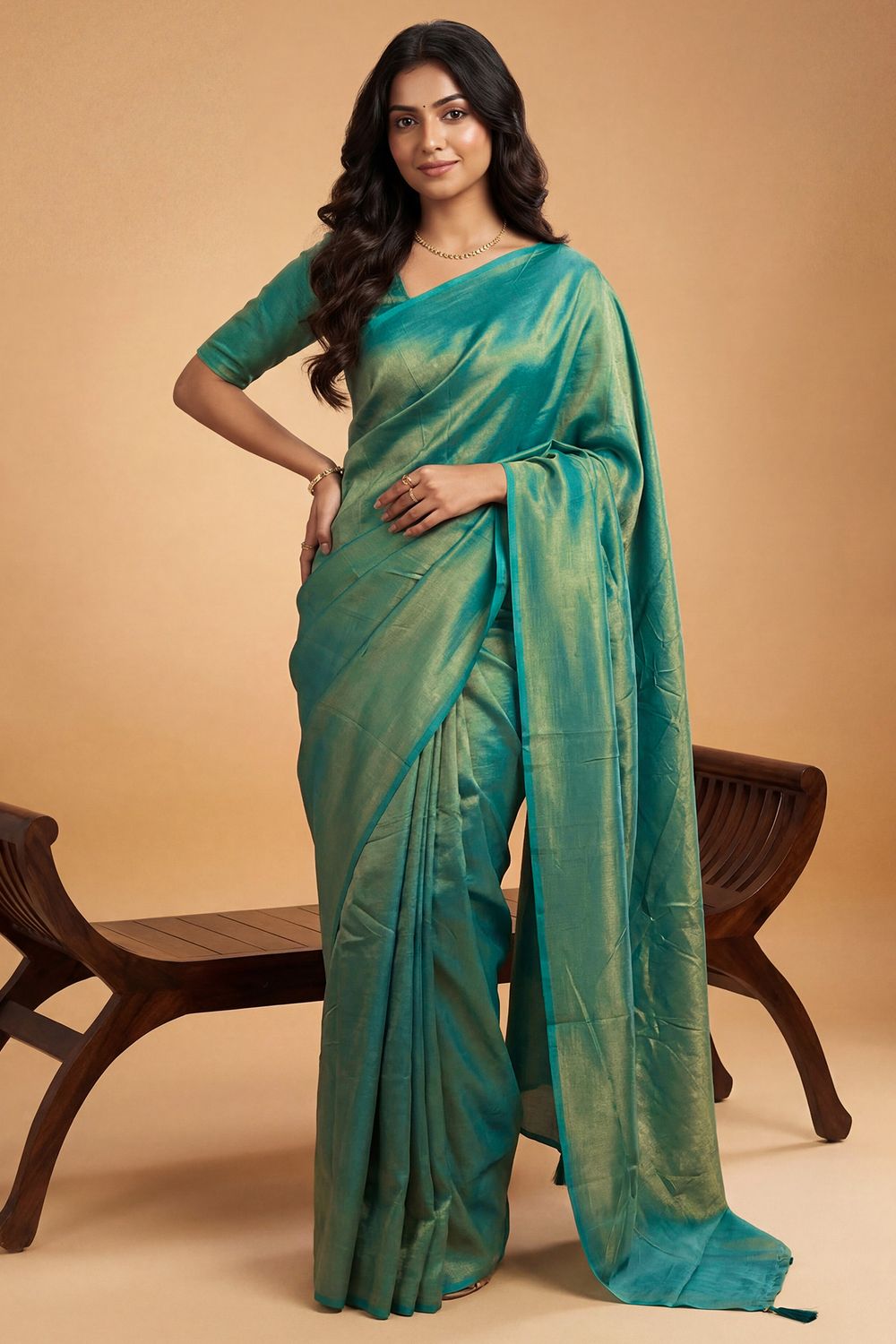 Nala Teal Green &amp; Gold Two-Tone Vichitra Silk Solid Ready to Wear Saree