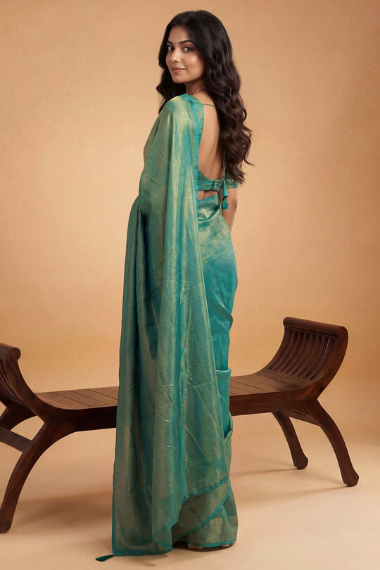 Nala Teal Green &amp; Gold Two-Tone Vichitra Silk Solid Ready to Wear Saree