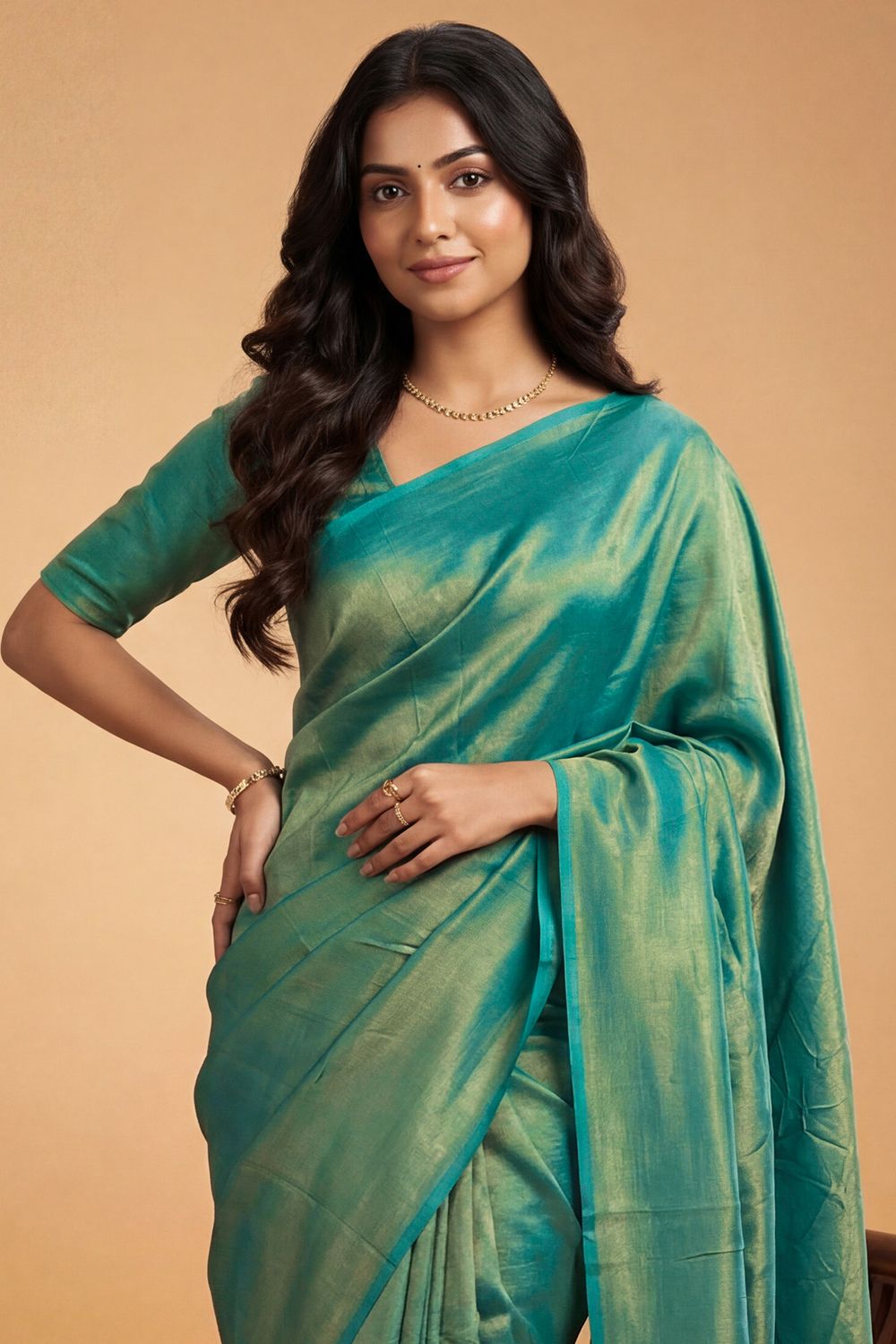 Nala Teal Green &amp; Gold Two-Tone Vichitra Silk Solid Ready to Wear Saree