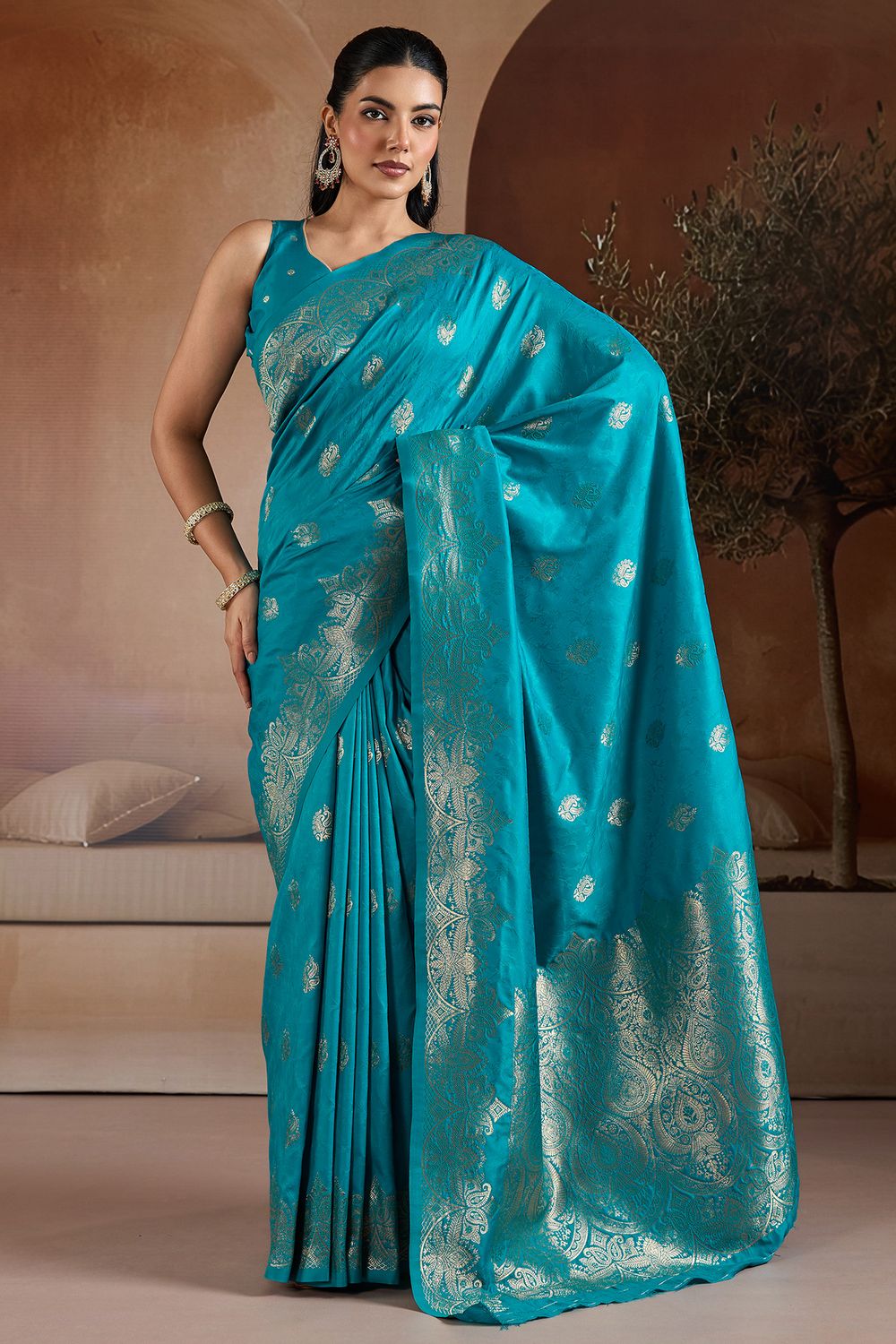 Karly Teal Blue Silk Woven Zari Work Ready To Wear One Minute Saree