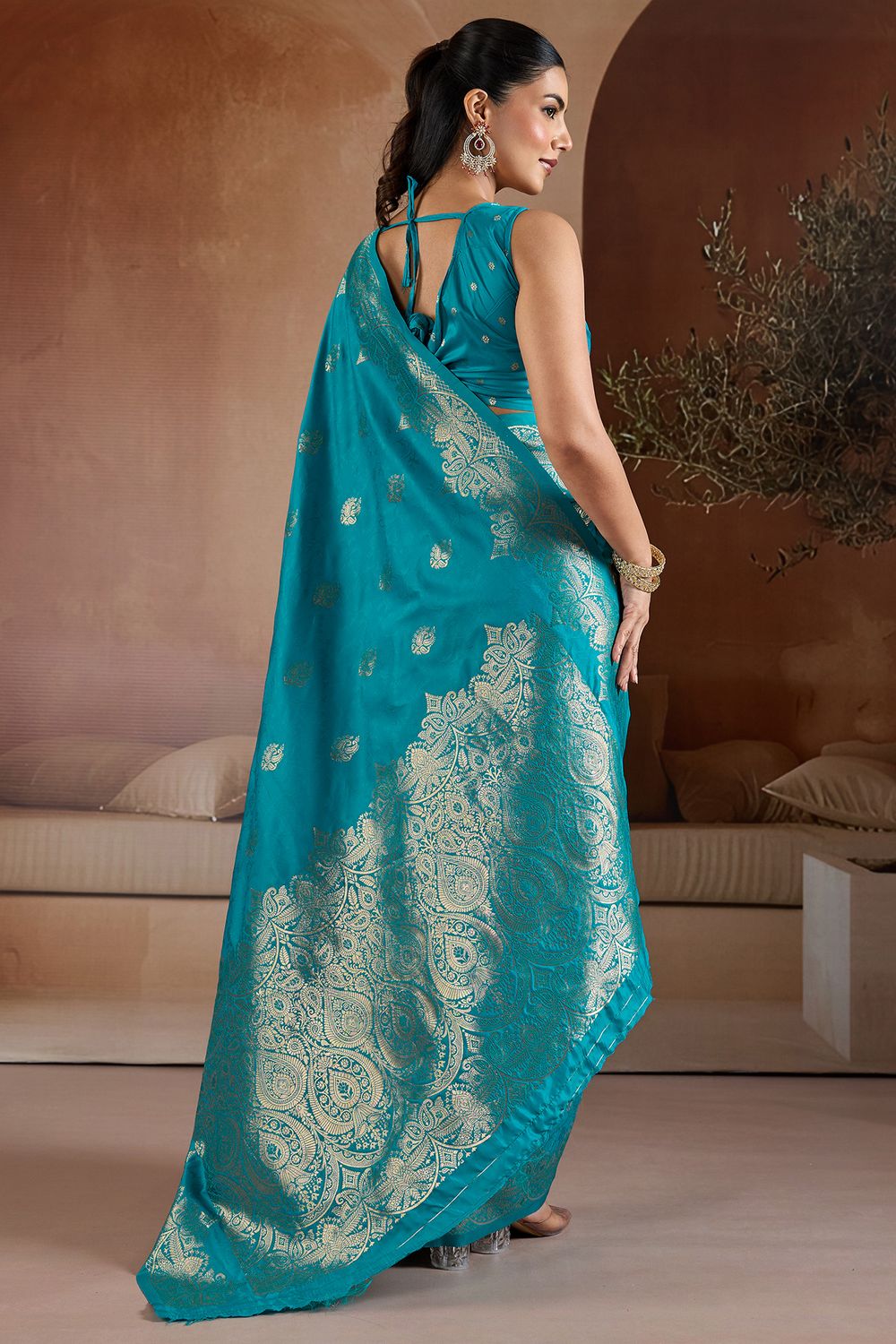 Karly Teal Blue Silk Woven Zari Work Ready To Wear One Minute Saree