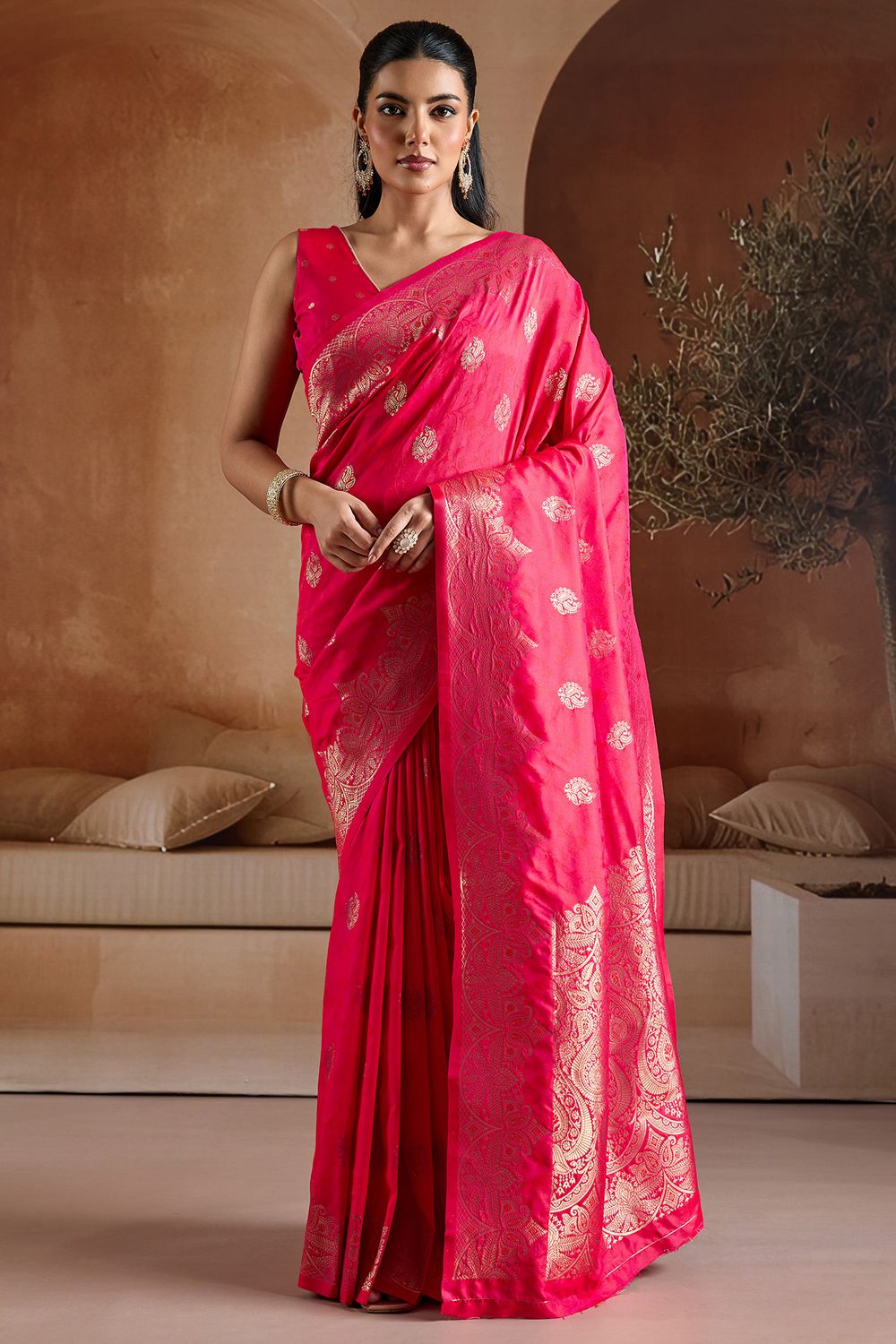 Karly Pink Silk Woven Zari Work Ready To Wear One Minute Saree