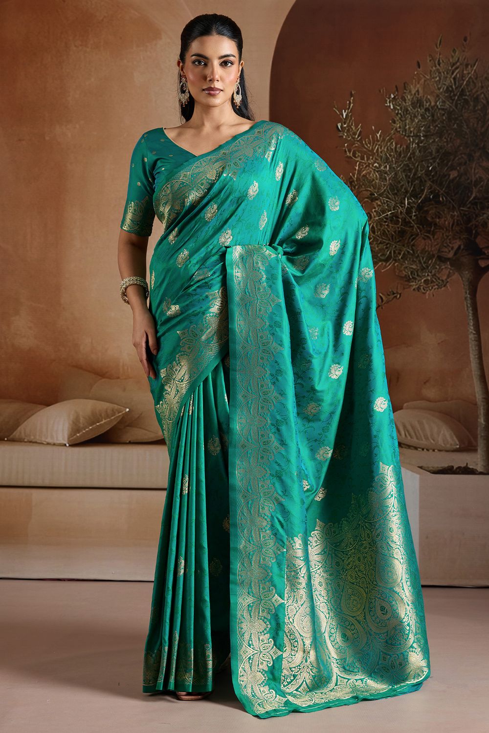 Karly Teal Green Woven Zari Work Ready To Wear One Minute Saree