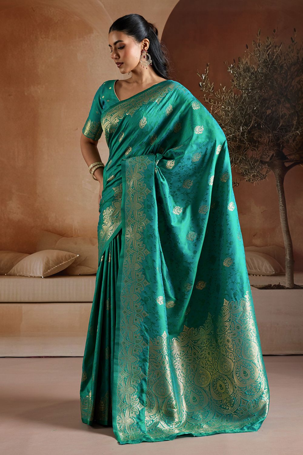 Karly Teal Green Woven Zari Work Ready To Wear One Minute Saree