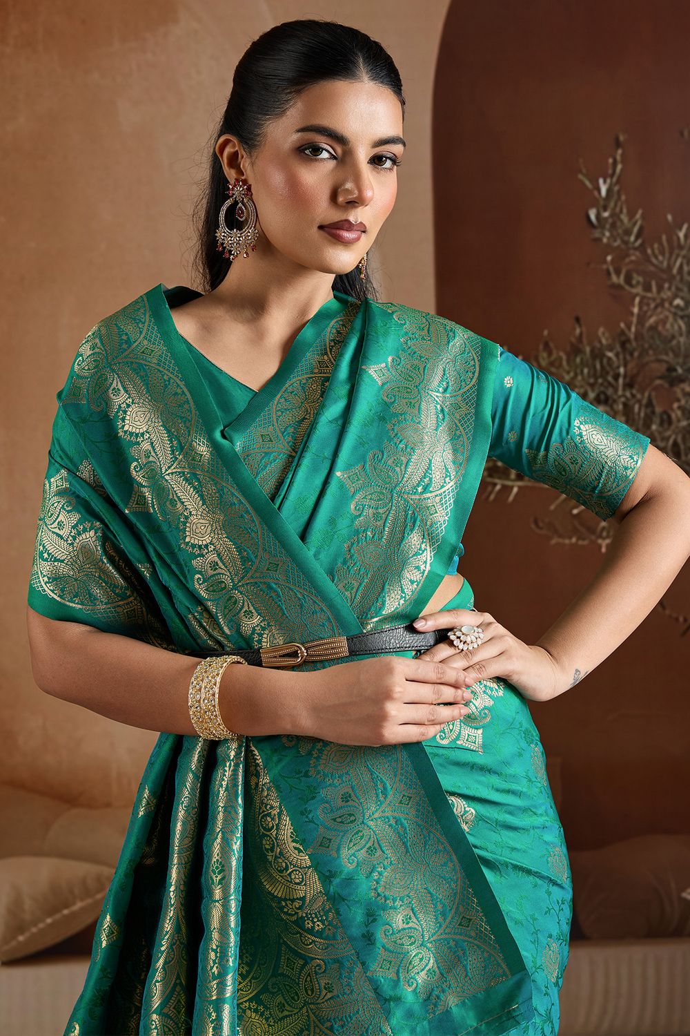 Karly Teal Green Woven Zari Work Ready To Wear One Minute Saree