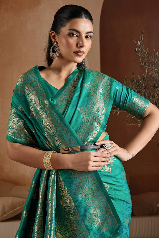 Karly Teal Green Woven Zari Work Ready To Wear One Minute Saree