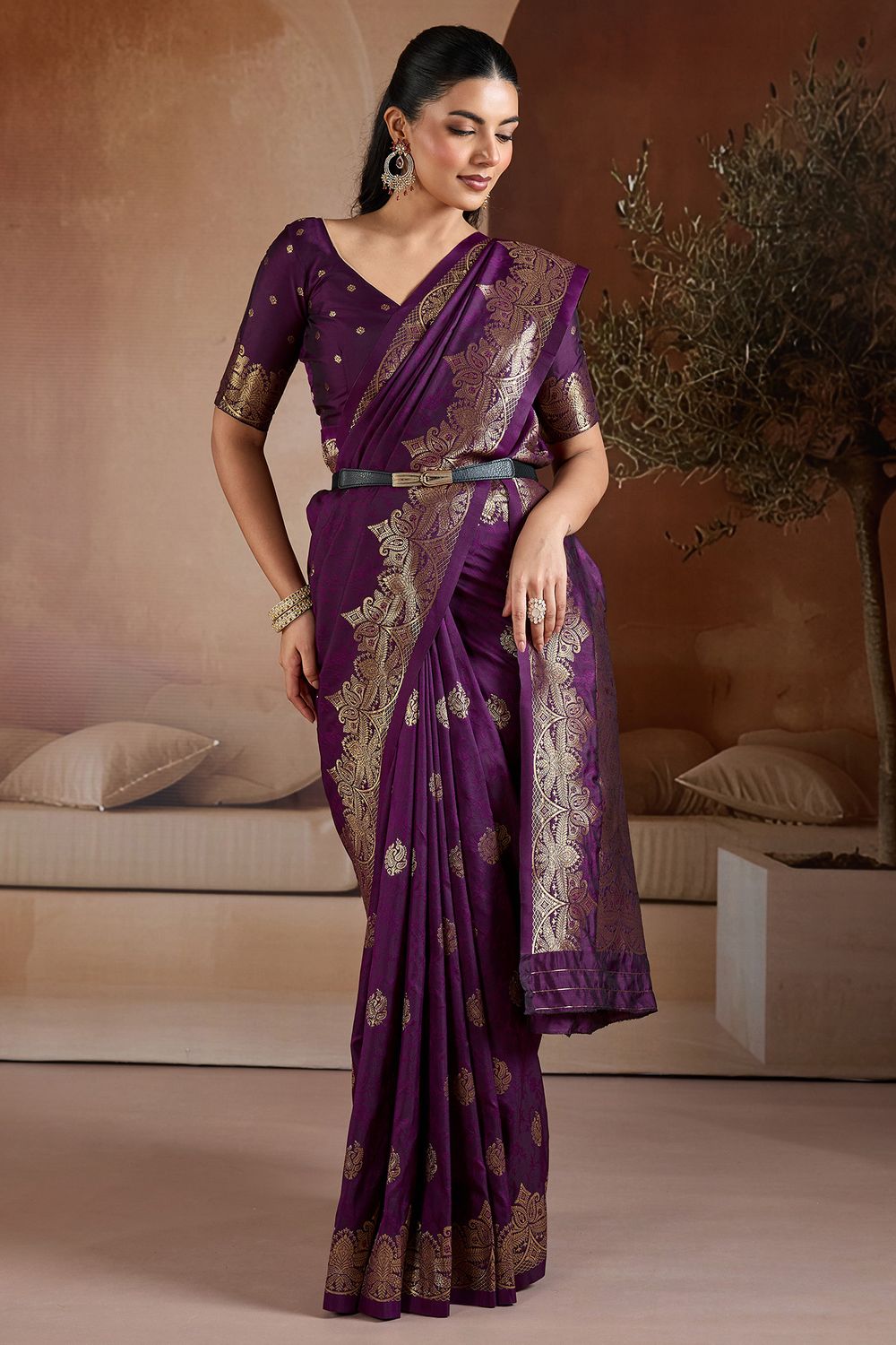 Karly Purple Woven Zari Work Ready To Wear One Minute Saree