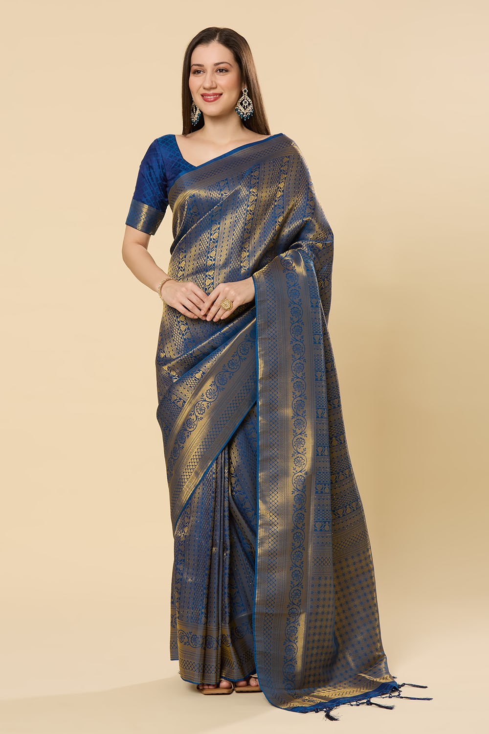 Ready to Wear Saree Blessy Navy Blue Kanjivaram Silk Blend Woven Saree