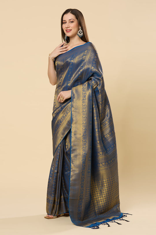 Ready to Wear Saree Blessy Navy Blue Kanjivaram Silk Blend Woven Saree
