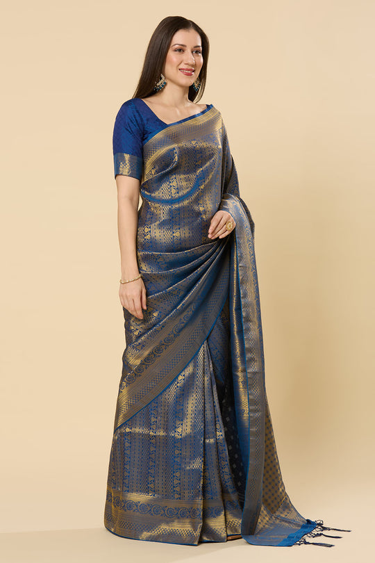 Ready to Wear Saree Blessy Navy Blue Kanjivaram Silk Blend Woven Saree