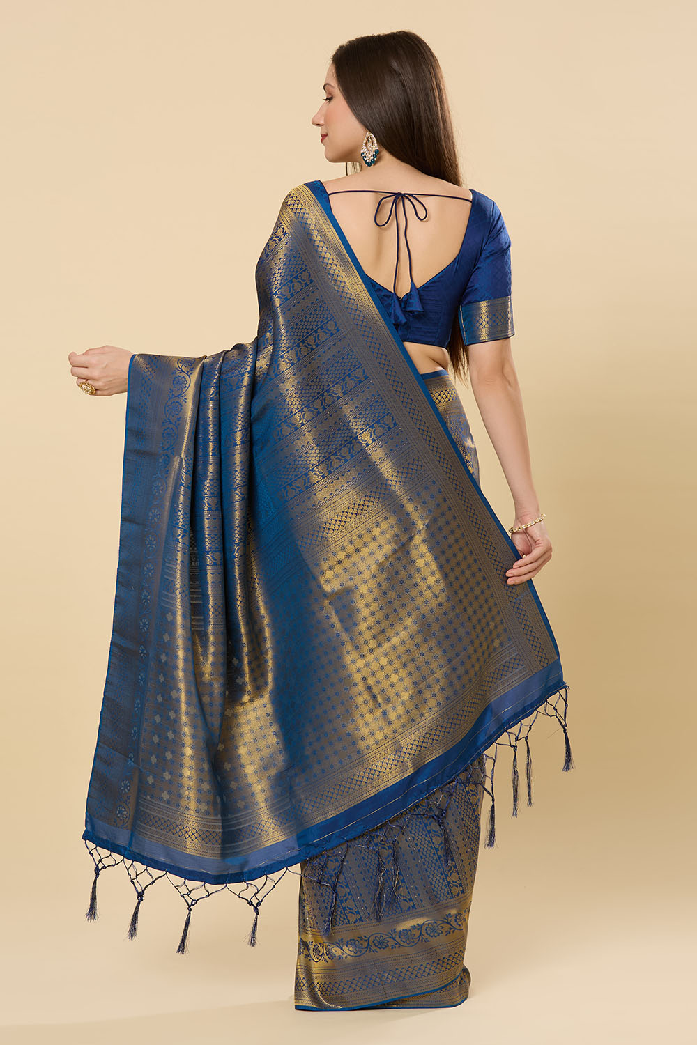 Ready to Wear Saree Blessy Navy Blue Kanjivaram Silk Blend Woven Saree