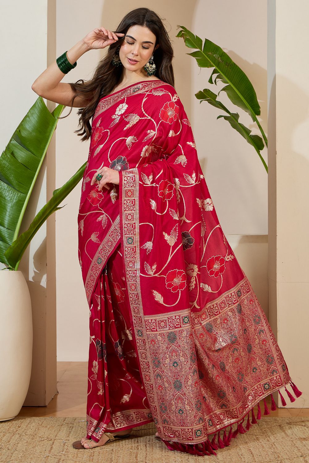Myra Pink Silk Floral Woven Ready to Wear One Minute Saree