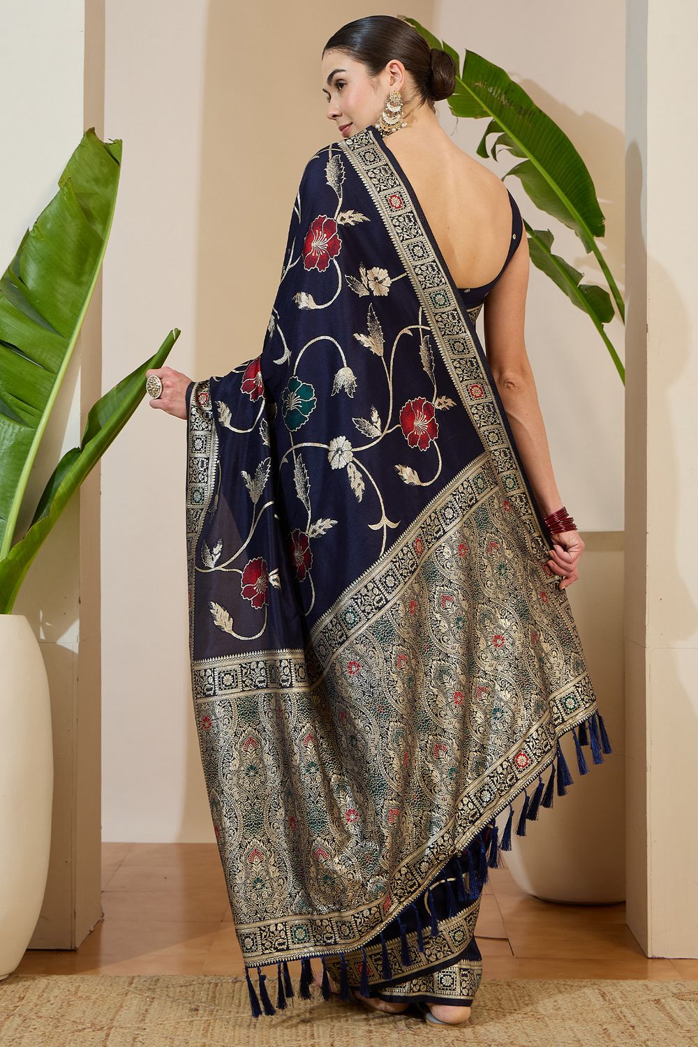 Myra Blue Silk Floral Woven Ready to Wear One Minute Saree