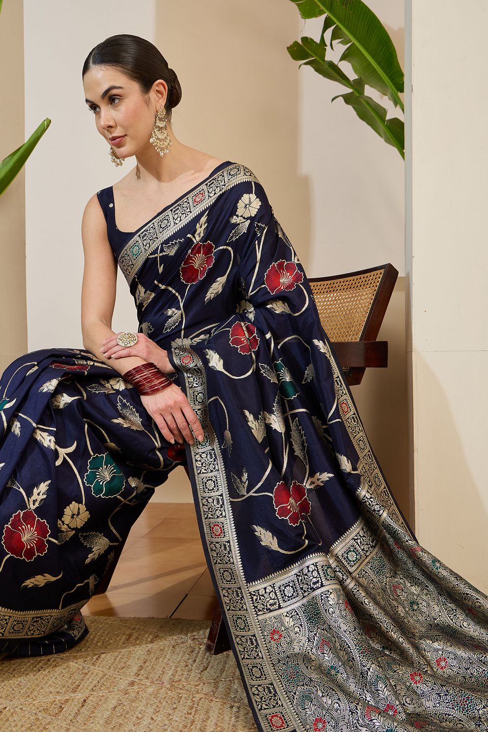 Myra Blue Silk Floral Woven Ready to Wear One Minute Saree