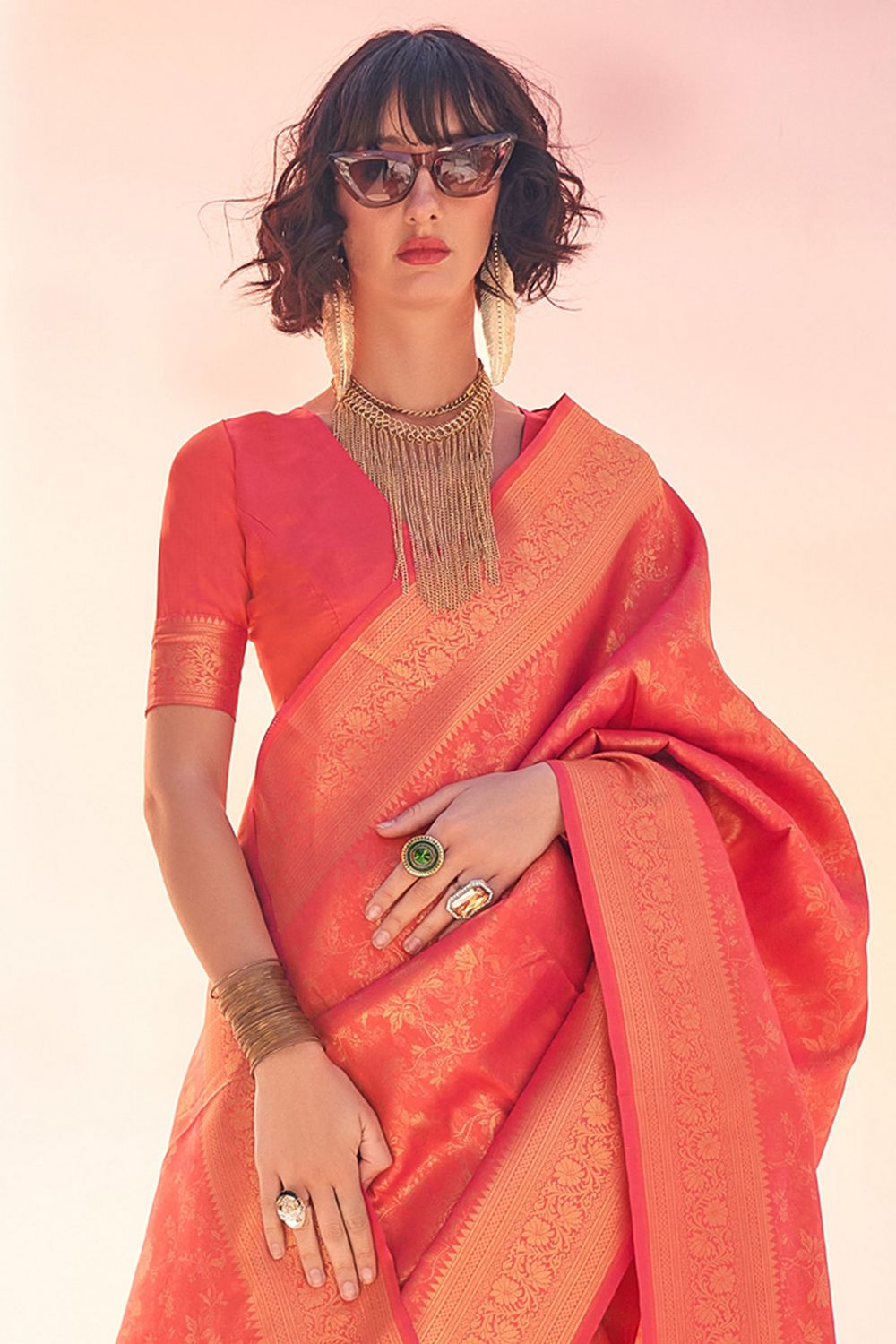 Zayna Peach Kanjivaram Silk Woven Ready To Wear One Minute Saree