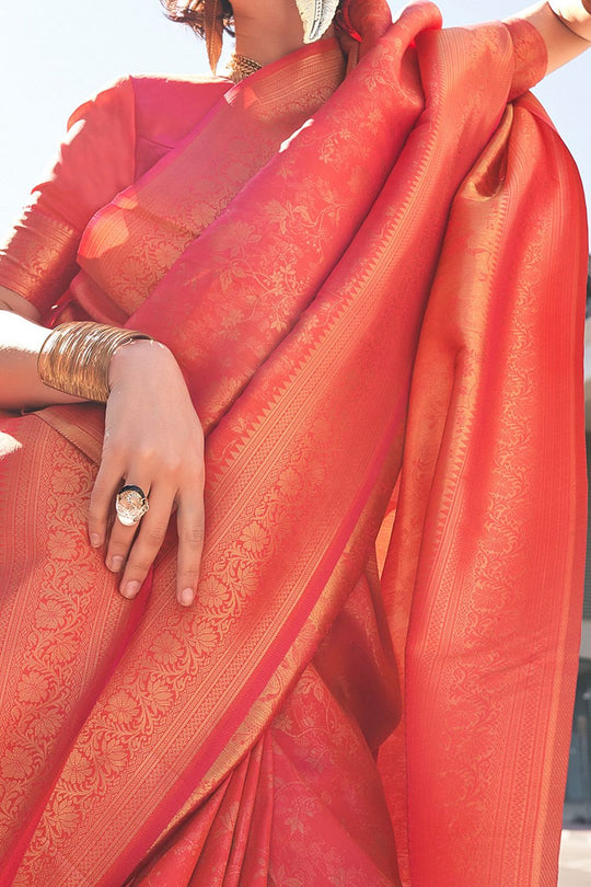 Zayna Peach Kanjivaram Silk Woven Ready To Wear One Minute Saree