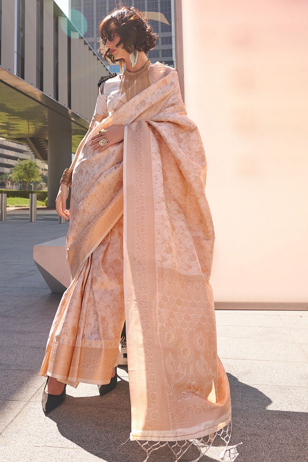 Zayna Cream Kanjivaram Silk Woven Ready To Wear One Minute Saree